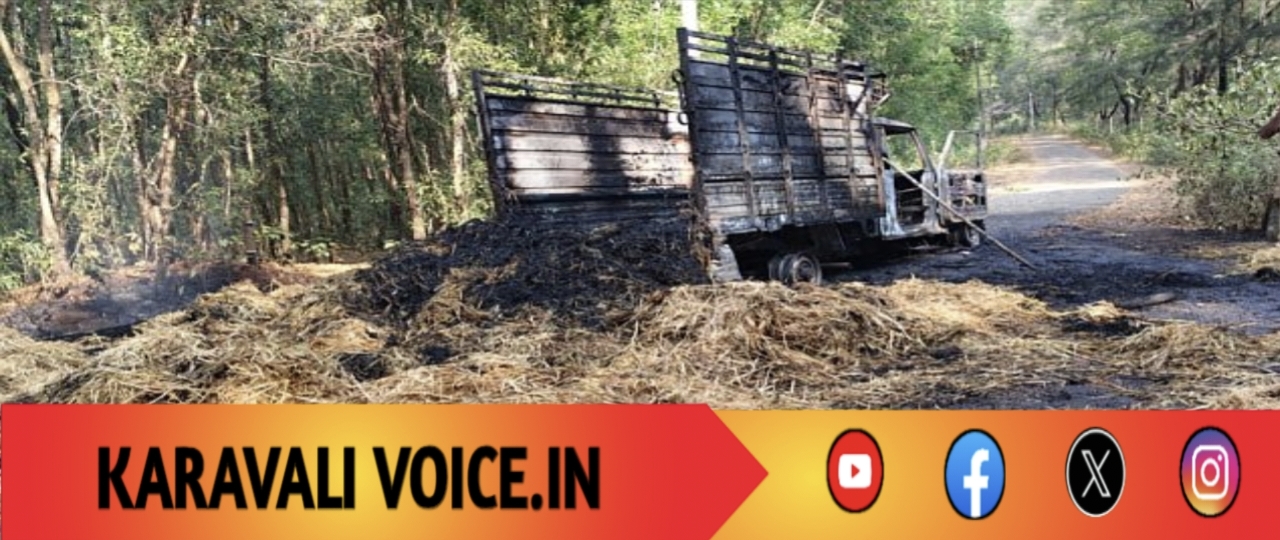 ವಿದ್ಯುತ್ ಕಂಬಕ್ಕೆ ಮುತ್ತಿಕ್ಕಿದ ಹುಲ್ಲು ತುಂಬಿದ ಬುಲೆರೋ ಬೆಂಕಿಗಾಹುತಿ!