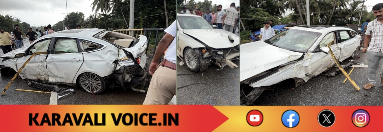 ಡಿವೈಡರ್‌ಗೆ ಡಿಕ್ಕಿ ಹೊಡೆದು ಕಾರು ಜಖಂ; ಮೂವರು ಪಾರು