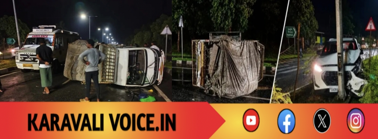ಬಾಳೆಕಾಯಿ ಪಿಕಪ್ ಪಲ್ಟಿ; ಡಿವೈಡರ್ ಏರಿ ಕಂಬಕ್ಕೆ ಕಾರು!